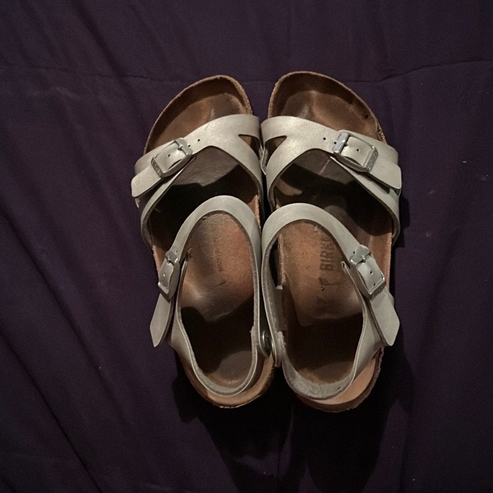 Birkenstocks, silver and drown, size 6